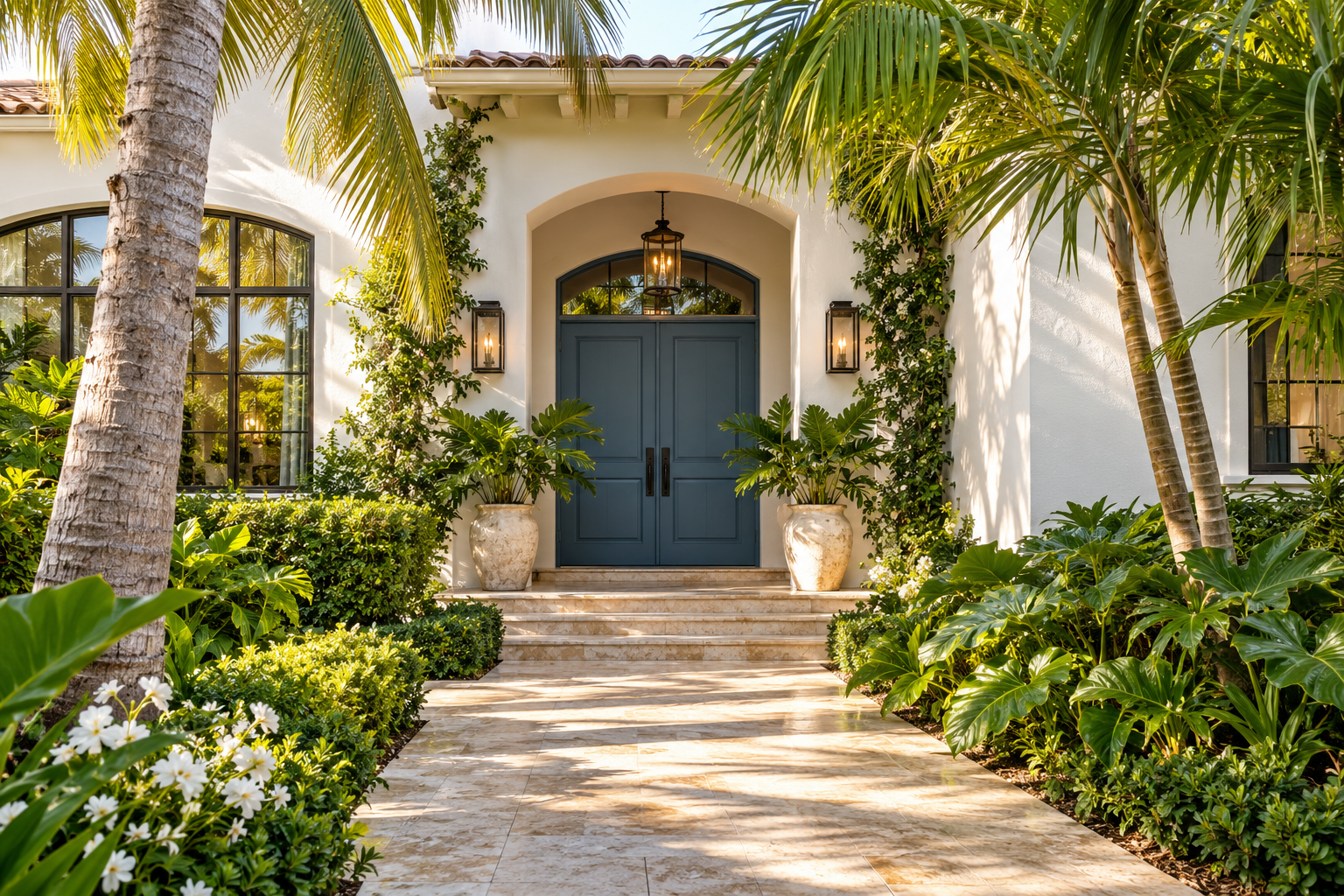 A welcoming South Florida home entrance with a blue door and tropical landscaping